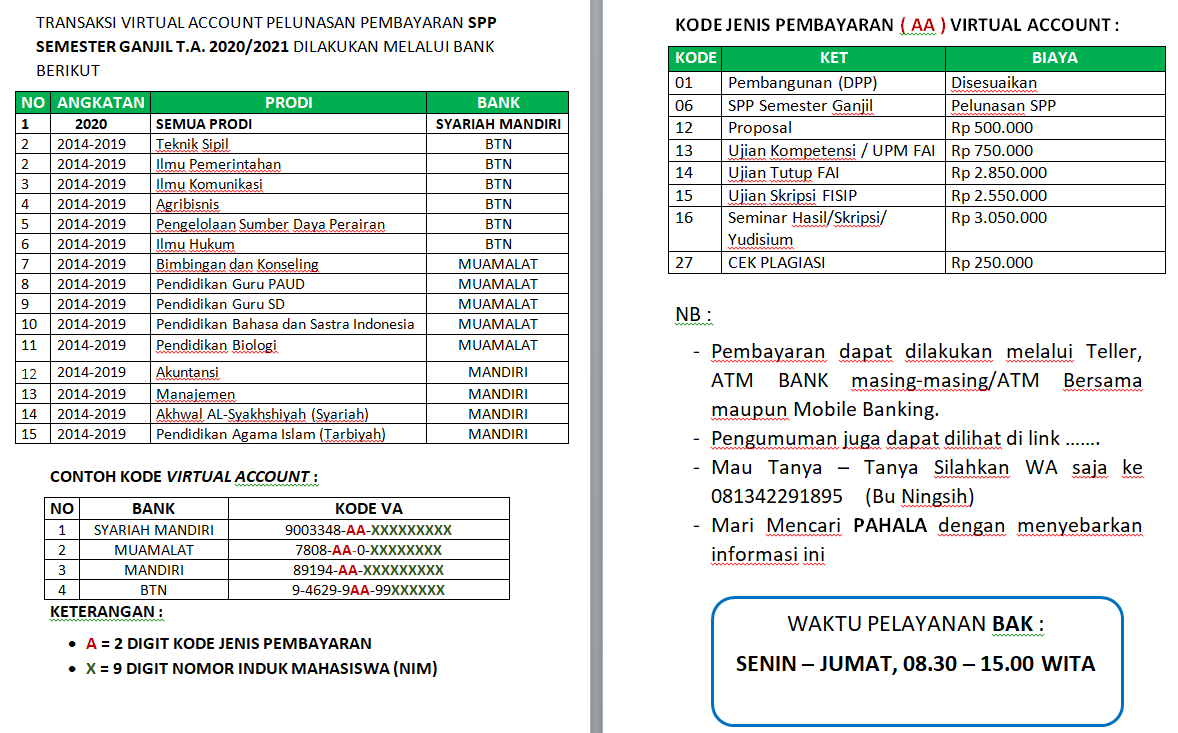 PENGUMUMAN PEMBAYARAN PELUNASAN SEMESTER GANJIL 2020/2021