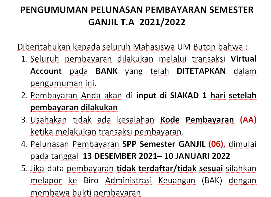 PENGUMUMAN PELUNASAN PEMBAYARAN SPP SEMESTER GANJIL T.A  2021/2022