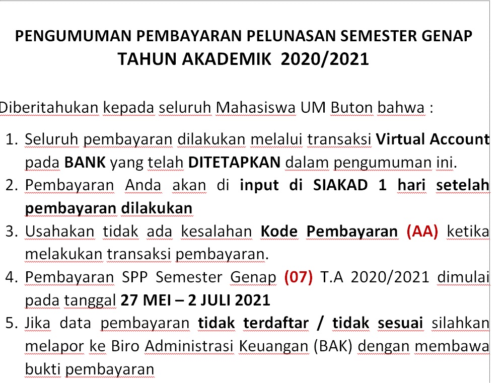 PENGUMUMAN PEMBAYARAN PELUNASAN SEMESTER GENAP  TAHUN AKADEMIK  2020/2021