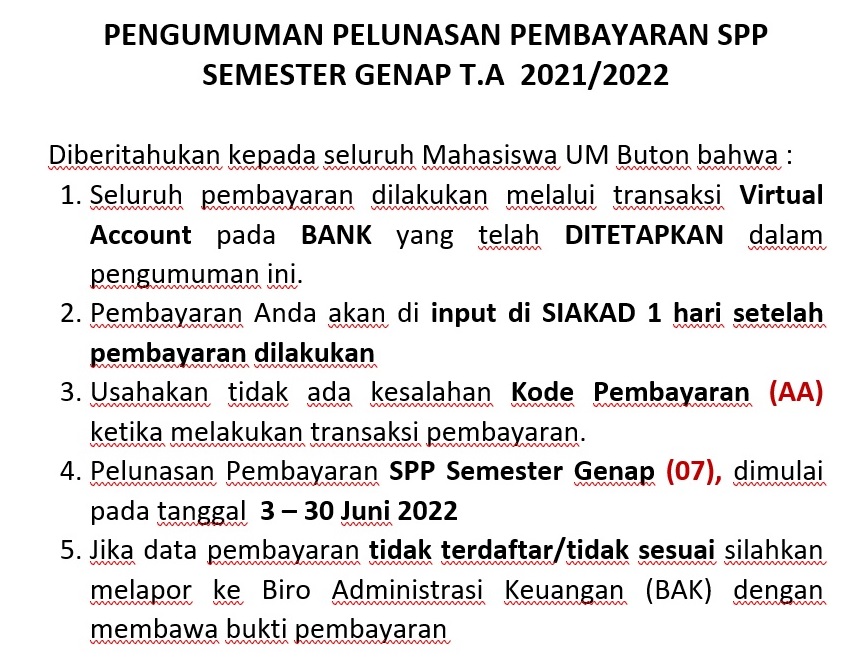 PENGUMUMAN PELUNASAN PEMBAYARAN SPP SEMESTER GENAP T.A  2021/2022